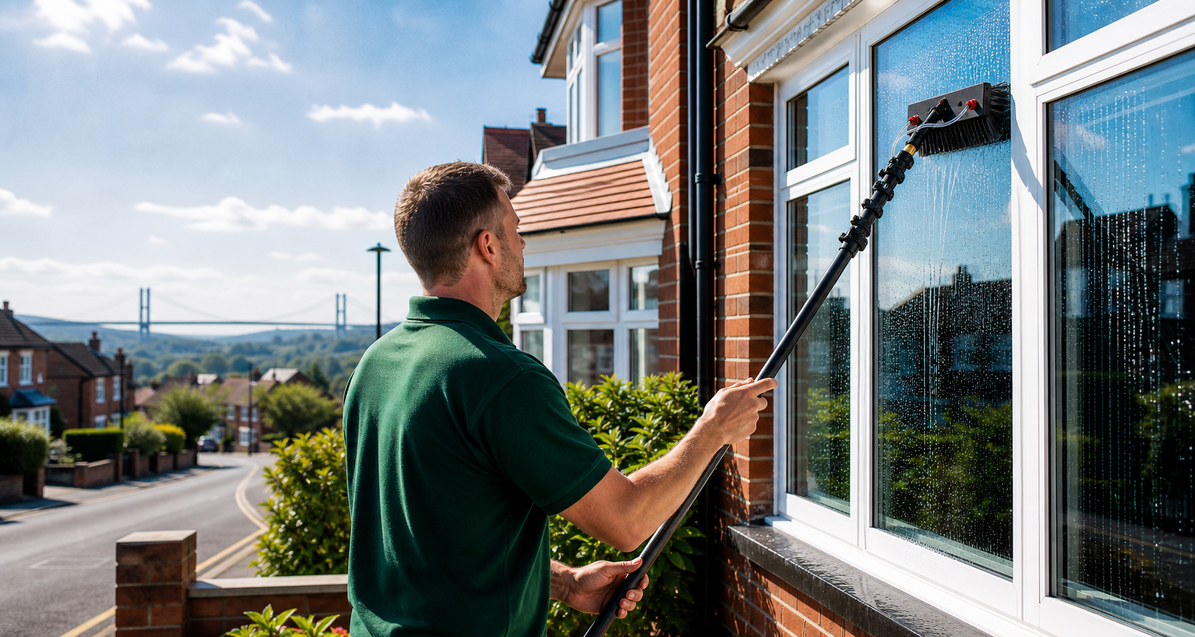 Window cleaner using a Gardiner SLX27-style black carbon water fed pole on a Hull home with the Humber Bridge in the distance